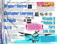 Flyer, June 2000 Back of a flyer published on the band's site in June 2000, billing Trance Control first, above Cristopher Lawrence, DJ Moda, DJ FX, Vitamin D, Nebula 9, Fury and Loic Xion.